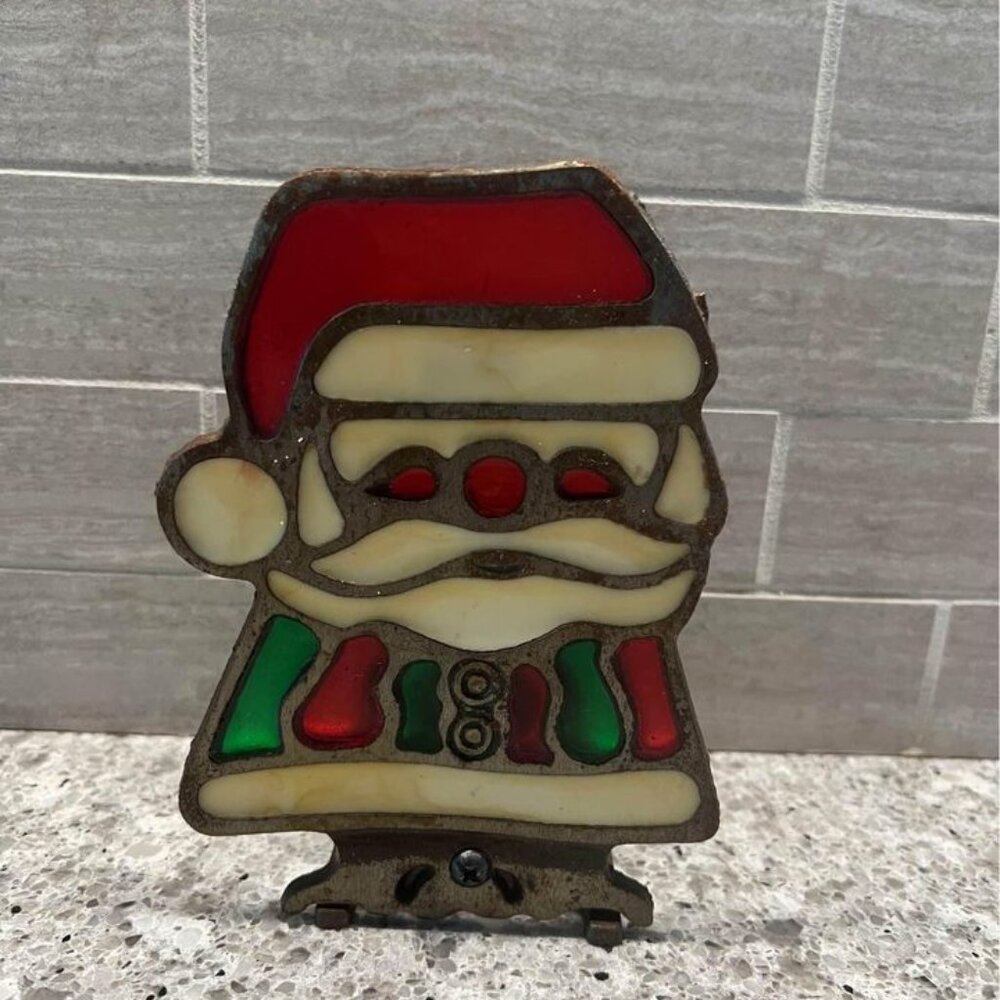 Vintage Cast Iron Stained Glass Christmas Santa Candle Holder -6 Inches Tall